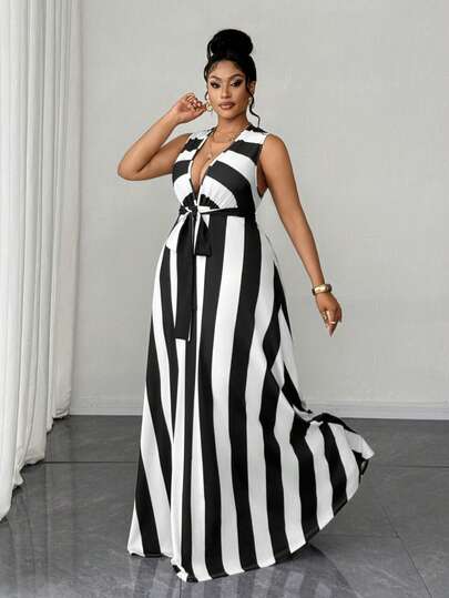 Maweii Plus Size Women's Black & White Vertical Striped Deep V-Neck Sleeveless Tie-Waist Dress, Spring/Summer Resort Beach Outfit