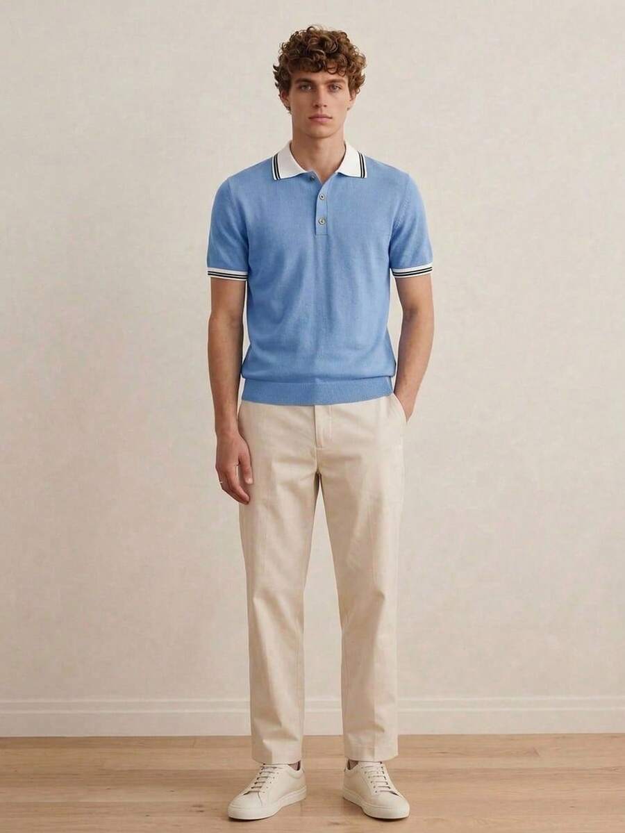 Manfinity CityGents 男士时尚休闲通勤短袖针织上衣 - 淺藍色 - 查看 1
