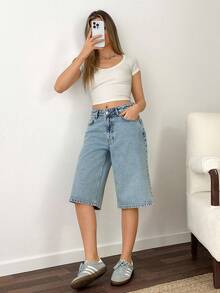 SHEIN 100%纯棉低腰水洗牛仔短裤 - 中等水洗藍 - 查看 5