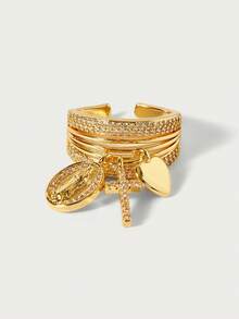 Glisma 1pc New Arrival Side-Set Little Heart Cross Religious Charm Rings Pave Zirconia Multi-Loop Adjustable Open Rings - Gold - View 3