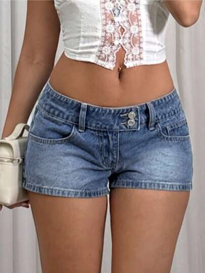 TRNVIE Quần short denim cạp thấp dáng ôm có túi dành cho nữ