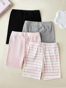 SHEIN Bộ 4 chiếc quần short ôm sát mềm mại và co giãn cho bé gái, màu đen, hồng, xám, sọc hồng, thích hợp cho mùa hè. - Nhiều màu - Xem 2
