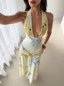 Aloruh 女士印花深V领连衣裙 - 淡黃色 - 查看 4