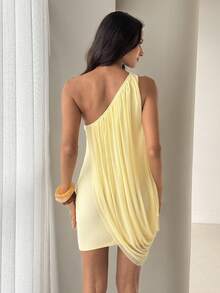 Aloruh Women's Elegant Solid Color Asymmetrical Shoulder Mini Dress, Casual Holiday Apricot Dress - Apricot - View 2