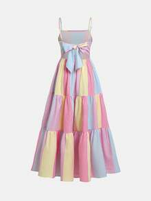 Vestido de tirantes con volantes y lazo en la espalda con rayas de colores para niñas preadolescentes, vestido de vacaciones para verano y playa - Multicolor - Ver 2