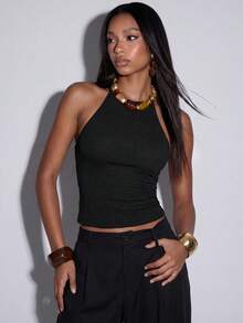 Normani 夏季黑色性感露背緊身掛脖背心女款，女式掛脖上衣，夏季上衣 - 黑色 - 查看 6