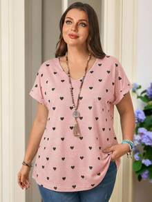 Rosumi Camiseta de manga corta con escote en V y estampado de corazón para mujer talla grande, atuendos de verano para mujer, atuendos de vacaciones para mujer - Rosa - Ver 6