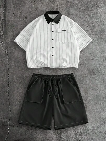 AXEPEAK Men's Striped Short Sleeve Single-Breasted Shirt And Shorts Casual Suit