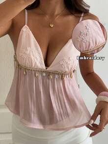 DAZY Blusa elegante de verano sin mangas para vacaciones en la playa con dobladillo floral con flecos de patchwork y escote en V profundo - Rosa - Ver 12