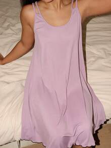 EasyFave Women's Pink Fine Ribbed Spaghetti Strap Nightgown - Purple - View 3