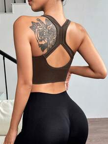 Easithlete Easithlete 女士纯色褶皱拉链运动文胸 - 棕色 - 查看 2