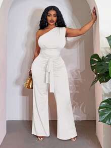 Slaydiva White, Summer, Elegant, Party Plus Size Women Chic Ruched Jumpsuit, One Shoulder Design With Fashionable Waist Belt, Commute & Casual Birthday Graduation Wear - White - View 5
