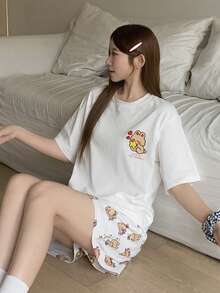 DAZY 2pcs/Set Cute Rabbit Pattern Loose Short Sleeve T-Shirt And Shorts Pajama Set, Summer Women Sleepwear - White - View 3