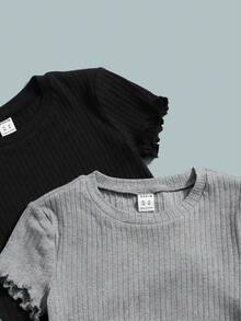 SHEIN Set de 3 camisetas de manga corta con volantes acanalados de color sólido para niñas preadolescentes, talla grande - Gris - Ver 3