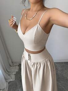 SHEIN Elenzya Bộ đồ nữ thanh lịch và thoải mái màu mơ trơn, gồm 2 món, thích hợp cho mùa hè. - Màu be - Xem 4