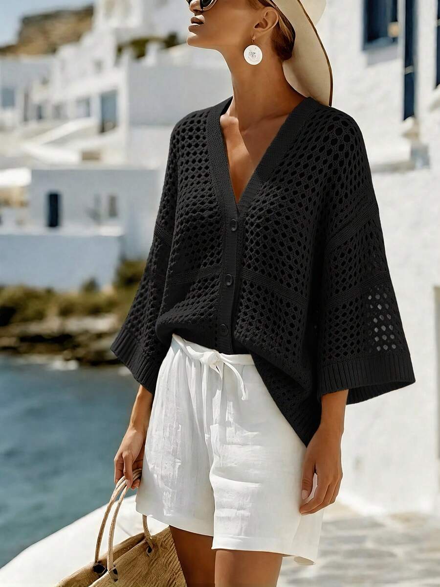 Balvessa Áo khoác cardigan mỏng nhẹ, cổ chữ V, không tay, chất liệu lưới rỗng, cài một hàng cúc, dáng rộng, thoải mái dành cho nữ. - màu đen - Xem 1