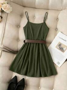 Franclia Elegant French Style Ruffle Asymmetrical Strap Cinched Waist Women Dress - Army Green - View 2