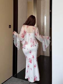 Vibekara Plus Size Women Floral Print Camisole Dress And Bell Sleeve Cardigan Casual Outfit - Pink - View 2