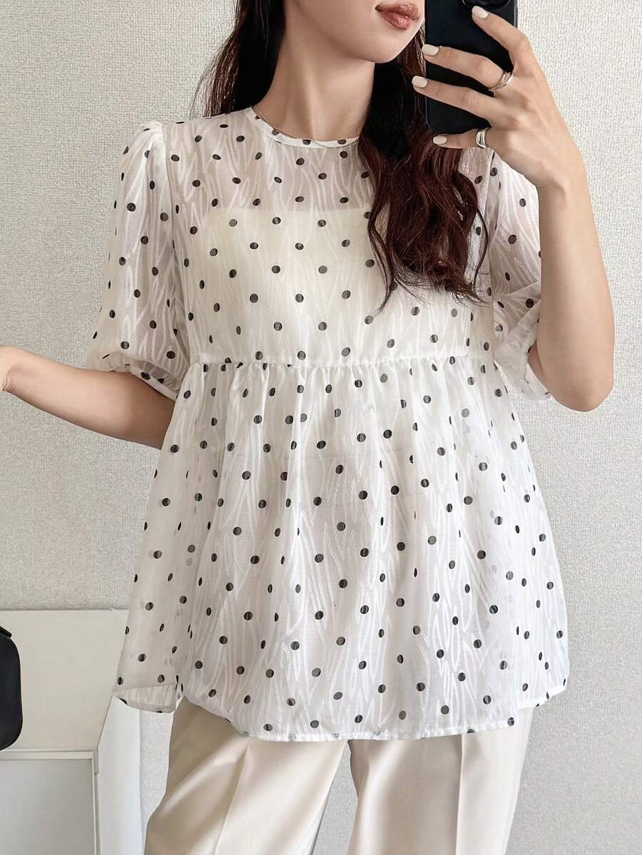 FRIFUL 女款夏季休閒透視波點印花圓領荷葉邊下擺上衣圖案T恤可愛上衣 - 白色 - 查看 1