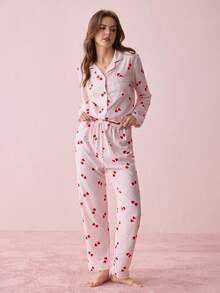Bonmuse Striped Heart Print Women Bubble Crinkle Long Sleeve Pajama Set - Pink - View 8