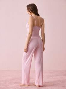 Bonmuse 2 Pcs Women's Lingerie Set Pink Bow-Adorned Strappy Women's Nightgown Top & Pants Women's Sleep Pants Stretchy, Comfortable, Cute & Elegant Holiday Attire Home & Outings Pajama Setfor Summer - Pink - View 2