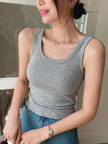 DAZY Solid Scoop Neck Tank Top Y2k - Grey - View 8