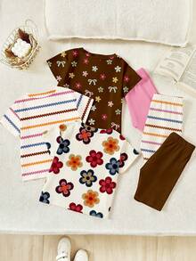 3pcs/Set Baby Girls' Casual Cute Floral, Leopard Bow, And Minimalist Letter Print Short Sleeve Round Neck T-Shirt And Matching Shorts Set, Suitable For Spring To Summer Outings And Vacations - Multicolor - View 2