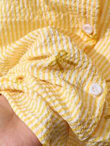 SHEIN Sparklyn 2pcs/Set Girls' Yellow Bow Striped Digital Print Outfit, Shirt Tee And Shorts, Suitable For Commuting And Daily Wear - Yellow - View 5