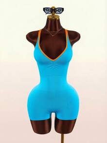 Amplova Contrast Trim V-Neck Sleeveless Hollow Out Fitted Jumpsuit - Baby Pink - View 2