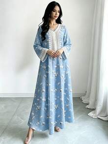 SHEIN Najma 碎花V领长袖连衣裙，女士优雅碎花长裙，春夏长裙，阿拉伯风格女装 - 彩色 - 查看 3