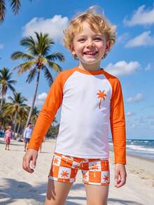 SHEIN 2pcs/Set Young Boys' Casual Swimwear, Striped Swim Trunks + Solid Color Rash Guard, Suitable For Swimming, Beach Vacation - Orange - View 3