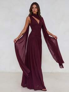 Aloruh Elegante falda acampanada de línea A con cuello en V de malla brillante burdeos fruncida (volante de gasa desmontable), adecuada para citas, fiestas de solteros, bodas, eventos formales, vestido de dama de honor - Burdeos - Ver 2