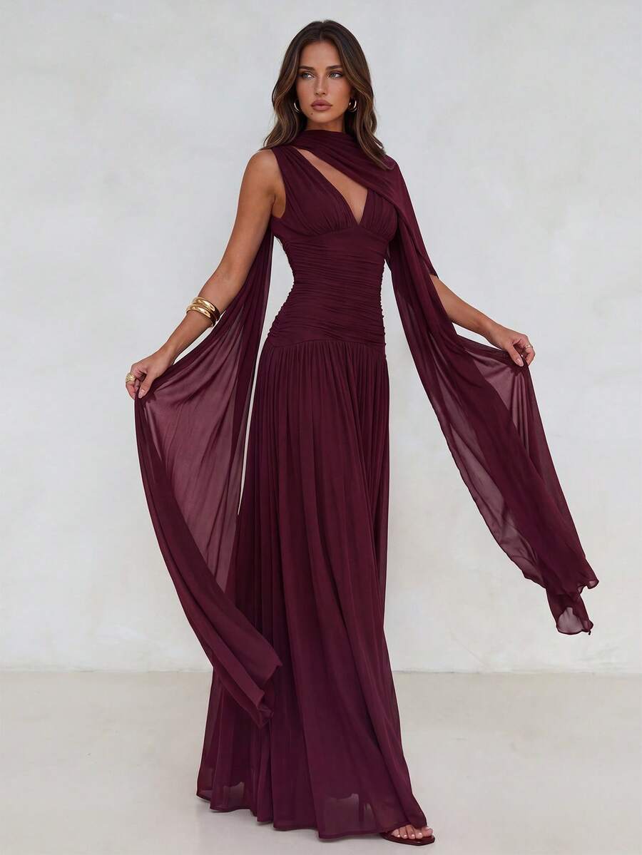 Aloruh Elegante falda acampanada de línea A con cuello en V de malla brillante burdeos fruncida (volante de gasa desmontable), adecuada para citas, fiestas de solteros, bodas, eventos formales, vestido de dama de honor