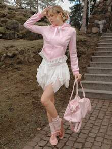 Kawaii ROMWE X Elena Katey 撞色蕾丝荷叶边拉链连帽衫，适合上学、毕业季、返校季、毕业典礼、教师女装等场合。 - 粉色 - 查看 1