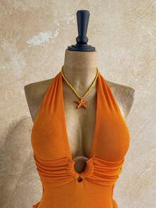 Soleia Bộ jumpsuit hở lưng dệt kim màu mơ với họa tiết vòng tròn trang trí, thanh lịch dành cho nữ, phù hợp cho Halloween, Giáng sinh, kỳ nghỉ, gợi cảm. - trái cam - Xem 4
