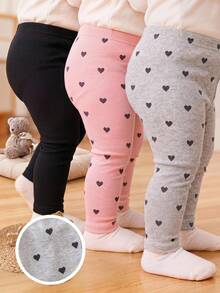 3-Unit Pack Newborn Baby Girls Comfortable Ribbed Leggings,Cute Infant Girl Sweet Heart Pattern Rib Knit Thick Leggings Set For Everyday Wear - Multicolor - View 3