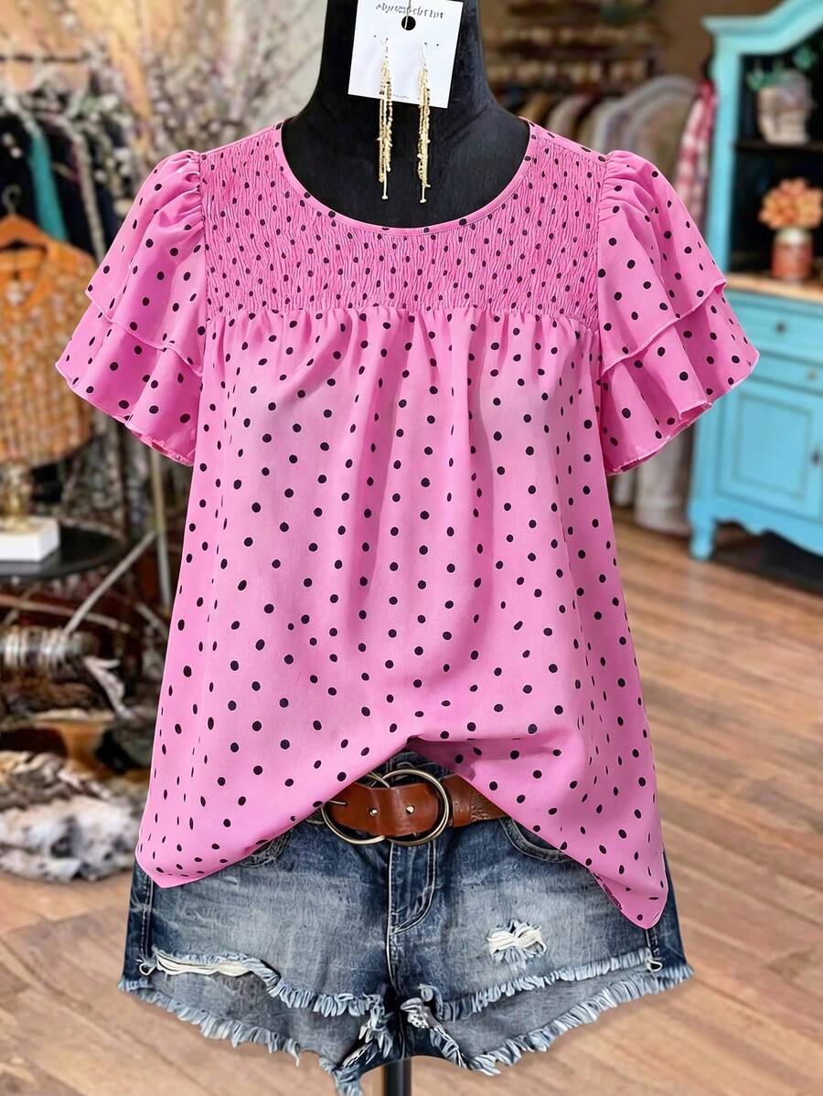 Linhara Plus Size Women's Polka Dot Ruched Double Layer Sleeve Casual Blouse - Coral Pink - View 1