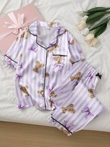 SHEIN 女童紫色蝴蝶结小熊条纹印花仿丝绸滚边撞色长袖开衫和裤子休闲家居服套装 - 淡紫色 - 查看 1