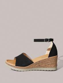 Styleloop Giày sandal đế xuồng kiểu La Mã cho nữ, kiểu dáng chéo, cao gót, hở mũi, có khóa cài, chất liệu rơm, thích hợp cho mùa xuân, hè, mẫu mới, mang đến không khí nghỉ dưỡng, trang phục mùa hè, món đồ không thể thiếu khi đi du lịch. - Đen nâu nhạt - Xem 7