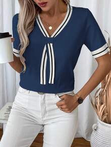 EMERY ROSE Women's Fashionable Versatile Striped Contrast Color Short Sleeve Knit Top Brunch Navy Blue And White Summer Coastal - Royal Blue - View 4