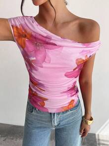SHEIN Áo thun nữ tuổi teen kiểu lệch vai, in họa tiết tie-dye, cổ bèo nhún, áo kiểu lệch vai, trang phục mùa xuân/hè, đồ đi biển, đi làm, thanh lịch, đi nghỉ mát, bãi biển, phong cách boho, Hawaii, lễ hội âm nhạc, hẹn hò - Hồng - Xem 6