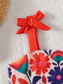 SHEIN Áo hai dây bikini một mảnh in hình cây nhiệt đới, nhiều màu sắc, dễ thương, phối nơ trang trí. - Nhiều màu - Xem 5