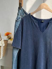 SHEIN EZwear 大码复古水洗酸洗宽松短袖V领T恤，纯棉面料，春夏款 - 藏蓝色 - 查看 4