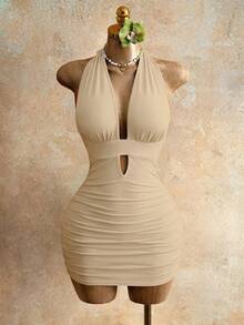 Mistrie Women's Sexy Solid Color Backless Halter Mini Dress, Summer - Apricot - View 3