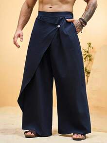 VENTUSAIL Pantalones anchos y sueltos con diseño de parches de unicolor para hombres - Azul Marino - Ver 1