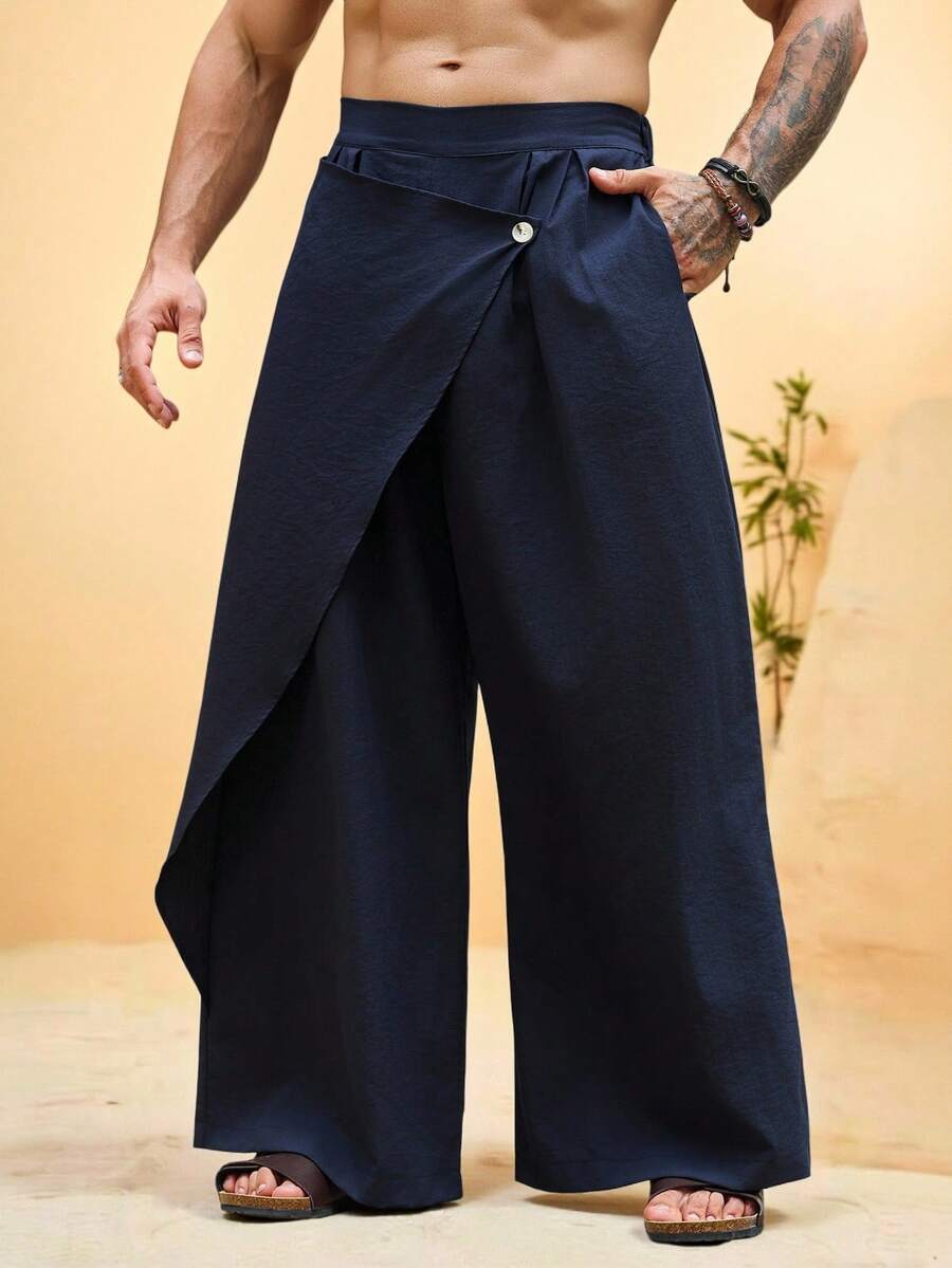 VENTUSAIL Pantalones anchos y sueltos con diseño de parches de unicolor para hombres - Azul Marino - Ver 1