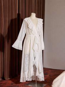 Slumberist Romantic White Floral Lace Sheer Long Sleeve Double Ruffle Trim Open Front Plus Size Women Robe - White - View 7