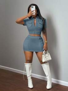 Slaydiva Women's Light Teal Summer Two Pieces Set,Smart Casual Night Street Stand-Up Collar Zipper Short-Sleeved Top&Hip Mini Skirt,White Pit Rib Outfits - Dusty Blue - View 4
