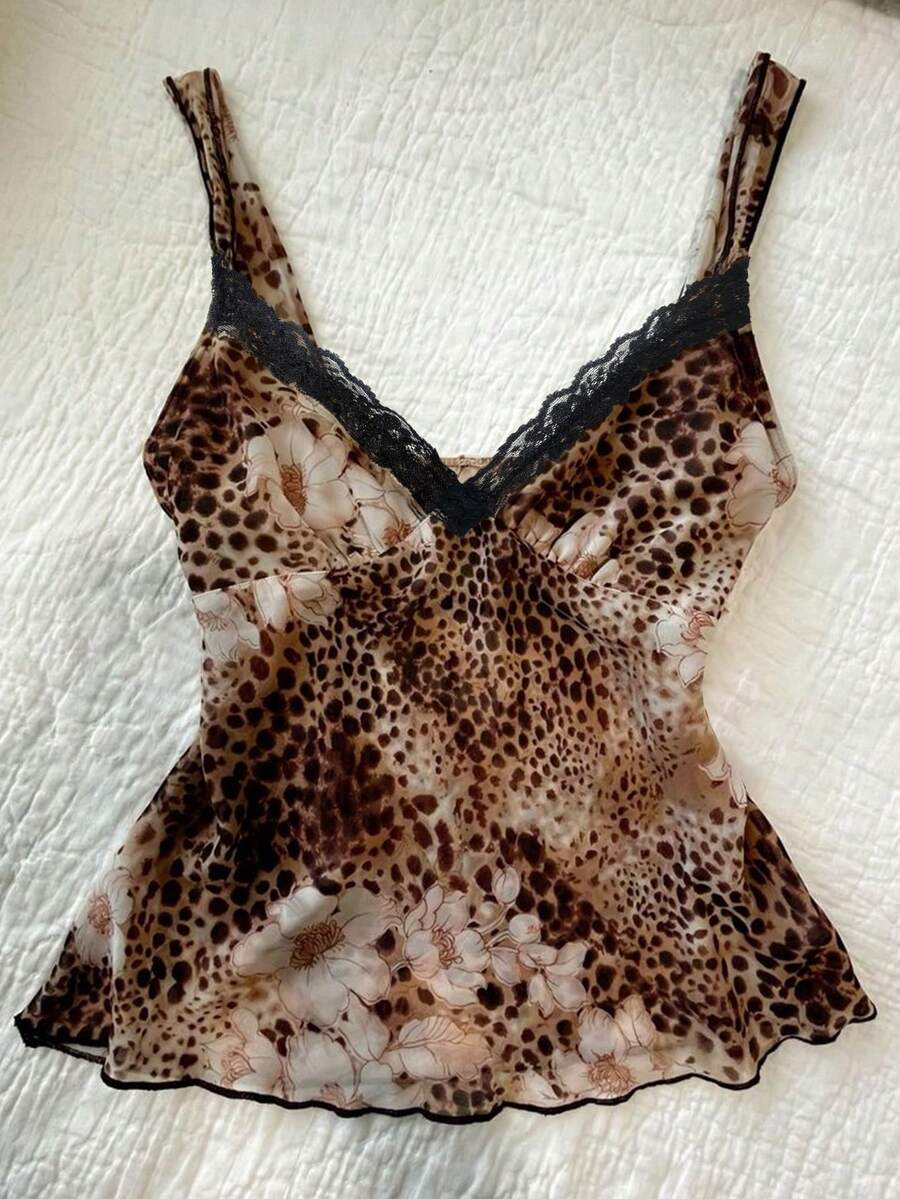 Glimmora Fashion Leopard Floral Printed Lace Trim Camisole Tank Top - Multicolor - View 1