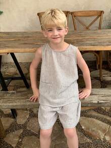 Dazy Kids Áo sơ mi không tay cài một hàng khuy có túi và quần short cho bé trai, trang phục thường ngày mùa hè. - Màu be - Xem 7